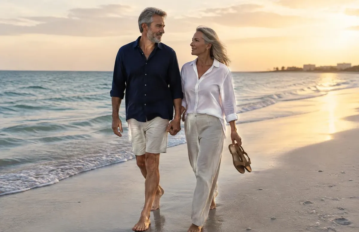 Active mature couple walking together along the beach