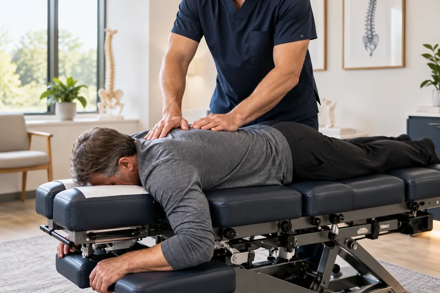 Chiropractic physician providing hands-on treatment to an adult patient