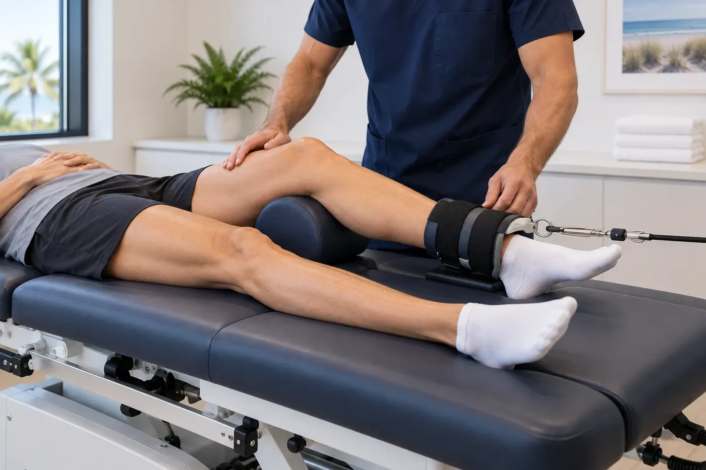 Patient receiving controlled mechanical knee traction
